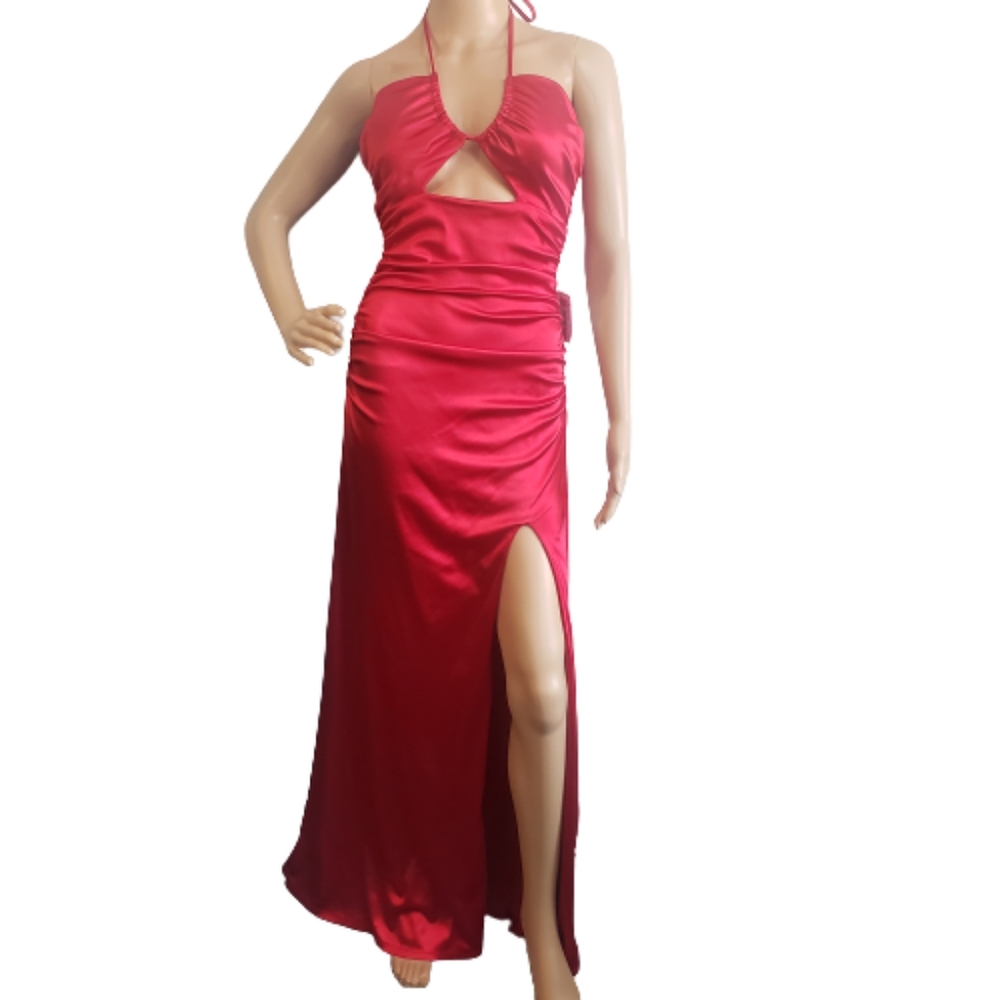Spaghetti Strap Ruched Satin Front Slit Long Prom Dress